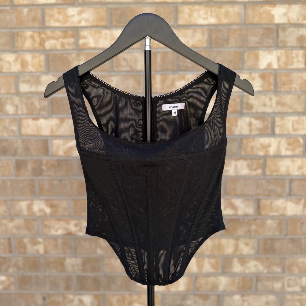 MIAOU Campbell Mesh Corset Top Black XS Sleeveless Square Neck Boned Bodice EUC